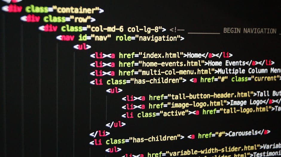 Close-up image of a computer screen displaying lines of HTML code with syntax highlighting in bright pink, yellow, and green text on a dark background. The code includes tags such as anchor links, lis